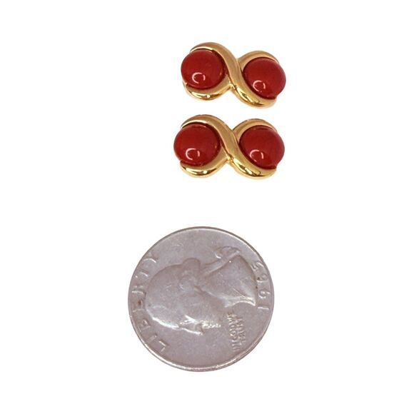 Vintage Napier Signed Cherry Red Earrings 3/4" Gold Tone Pierced Enamel - Picture 9 of 10